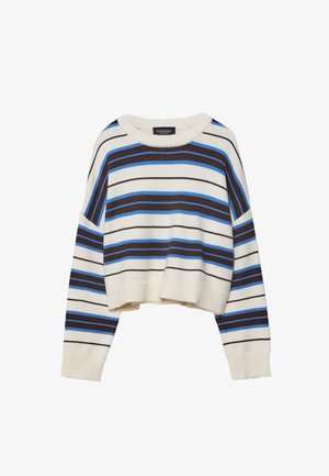 Gehaakte trui in crèmewit met horizontale strepen in bruin en blauw. Voorzien van een ronde halslijn, lange mouwen en een cropped zoom.