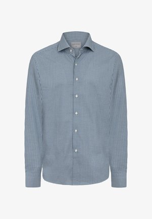 Blau-weißer karierten Langarmshirt mit Button-Down-Kragen, das über eine dezente Textur und eine Frontblende mit kleinen Knöpfen verfügt.