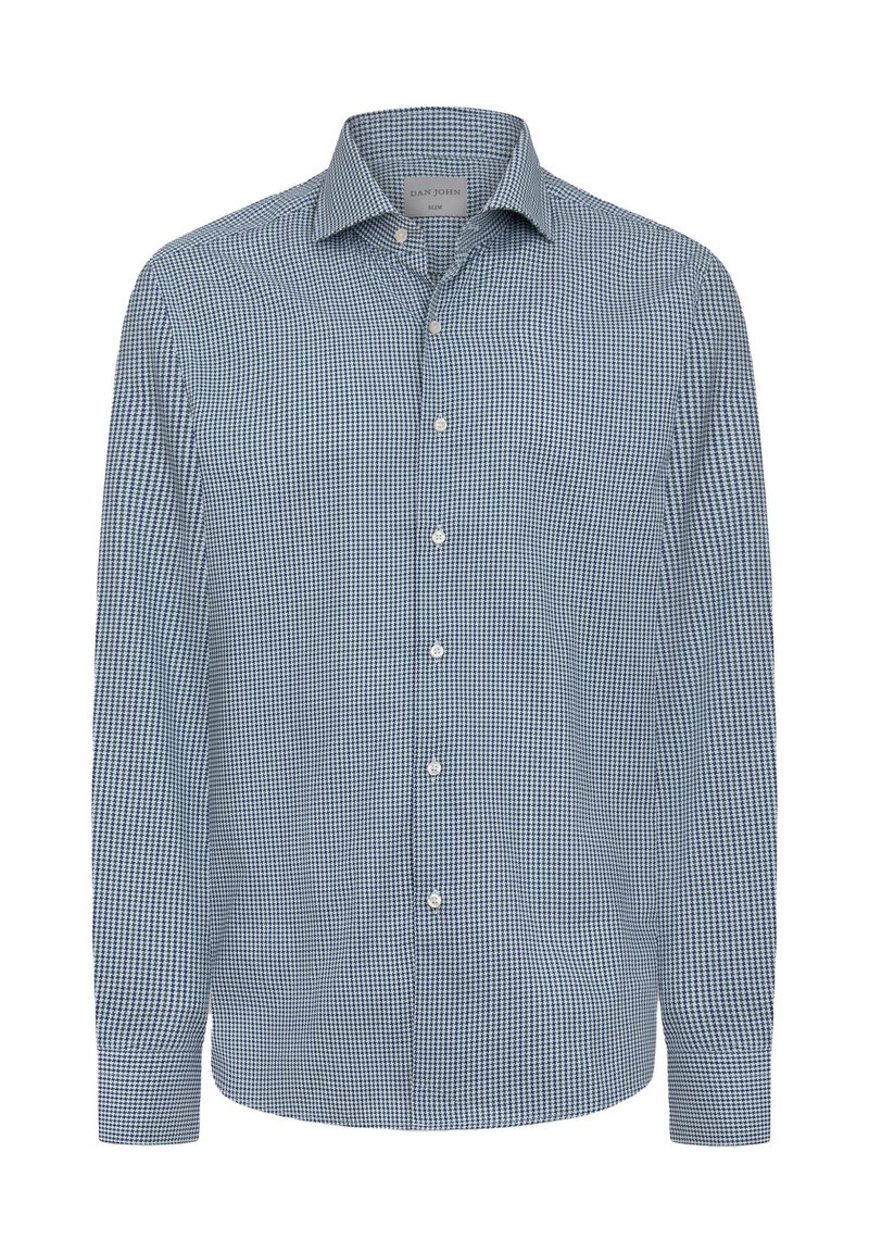 Camisa de manga larga a rayas azul y blanca con cuello abotonado, que presenta una textura sutil y una placket frontal con pequeños botones.