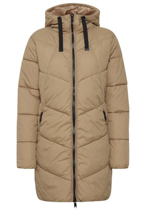Bežna puf jakna s kapuljačom, s crnim patentnim zatvaračem i vezicama, na quilted uzorak i bočnim džepovima. Standardni kroj, lagani materijal.