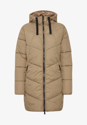 Vaaleanbeige pusakka huppulla, jossa on musta vetoketju ja kiristysnyörit, tikattu kuviointi ja sivutaskut. Tavanomainen malli, kevyt materiaali.