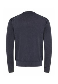 Pull gris foncé à manches longues avec poignets, ourlet et col côtelés, montré de dos sur fond blanc.