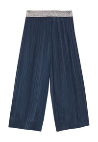 Marineblauwe geplooide wijde broek met een glanzende zilveren tailleband, voorzien van een soepele textuur en een verticaal streepjespatroon.