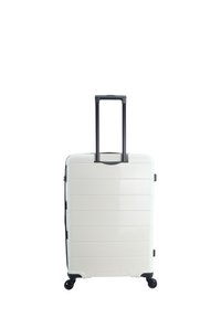 Hard-shell white suitcase with a textured surface, black accents, a retractable handle, and four black wheels for easy mobility.