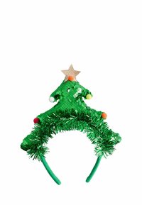 Grøn pandebånd formet som et juletræ, dækket af pailletter og glitter, toppet med en glitrende stjerne og farverige pomponer.