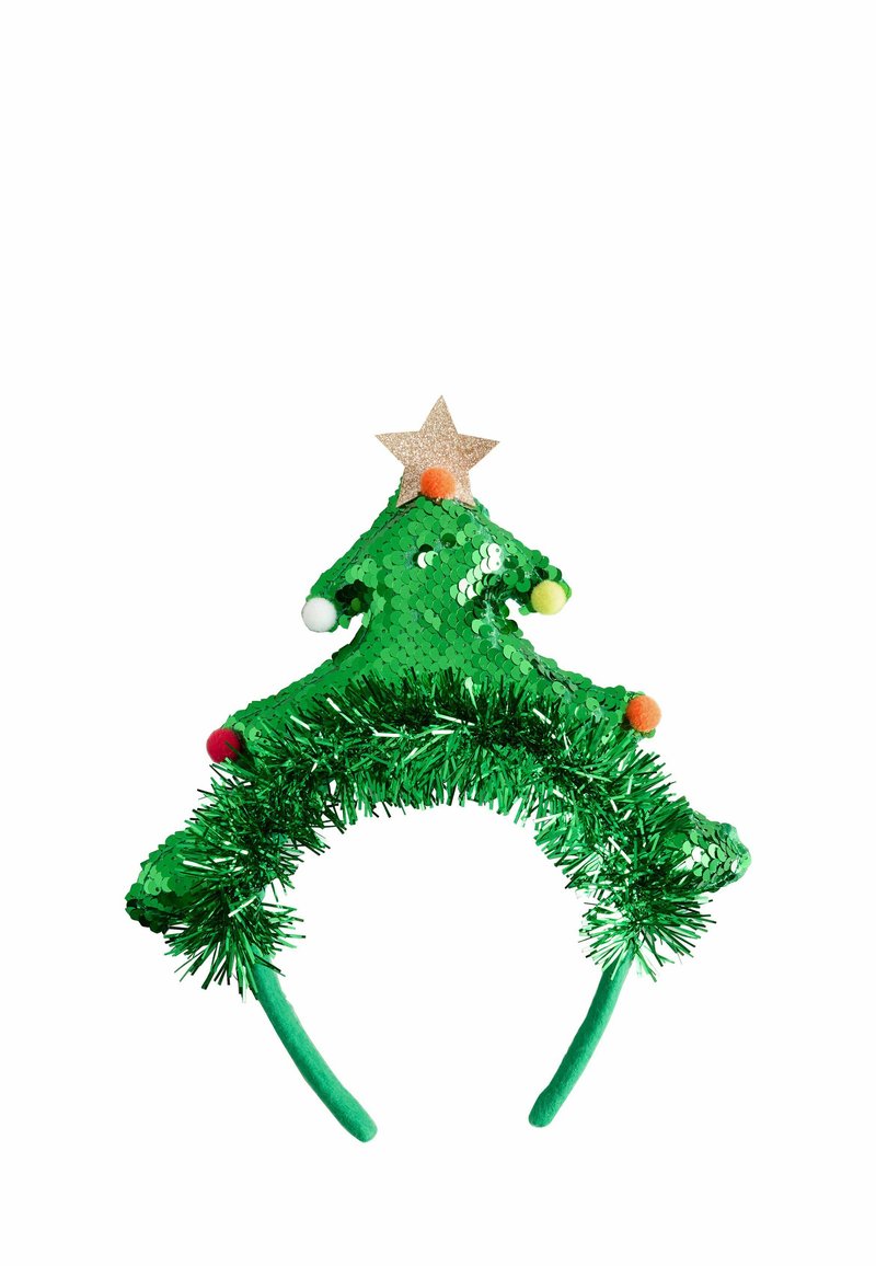 Grøn pandebånd formet som et juletræ, dækket af pailletter og glitter, toppet med en glitrende stjerne og farverige pomponer.