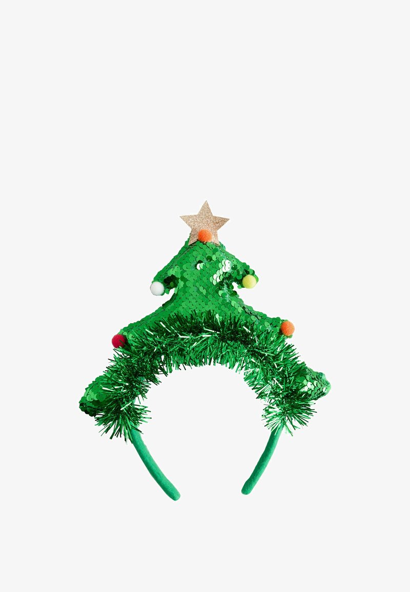 Grünes Stirnband in Form eines Weihnachtsbaums, bedeckt mit Pailletten und Lametta, gekrönt von einem glitzernden Stern und bunten Pompons.