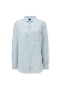 Camicia azzurro chiaro con righe verticali bianche, maniche lunghe, taschino sul lato sinistro del petto e colletto piegato.