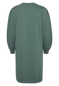 Zelené pulóvrové šaty s okrúhlym výstrihom, dlhými balónovými rukávmi a rebrovanými manžetami. Hladká textúra, po kolená, minimalistický dizajn.