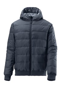 Giacca imbottita blu navy con cappuccio, caratterizzata da imbottitura trapuntata, polsini e orlo a costine, e una zip frontale completa. Senza decorazioni.