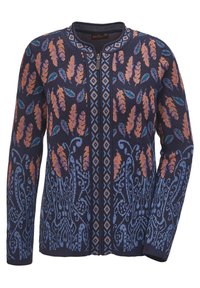 Gilet marine arborant un motif de feuilles en orange et teal, avec une fermeture éclair centrale et des accents en diamant bleu décoratifs le long de l'avant.