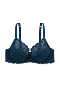 Soutien-gorge en dentelle turquoise avec armatures, motif floral et bords festonnés. Bretelles ajustables et détail de nœud décoratif au centre.