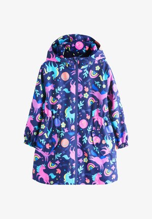 Tumši zila lietus jaka ar rotaļīgu vienradža un ziedu rakstu spilgtās rozā, zilā un zaļā krāsā. Aprīkota ar kapuci un elastīgām aprocēm.