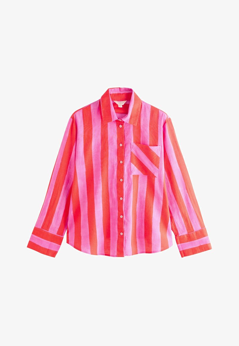 Long-sleeve button-up shirt with bright vertical red and pink stripes and a chest pocket with diagonal stripes.