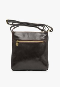 Hnědá kožená crossbody taška s lesklým povrchem, obsahující přední zipovou kapsu, nastavitelný popruh a zlaté kovové akcenty.