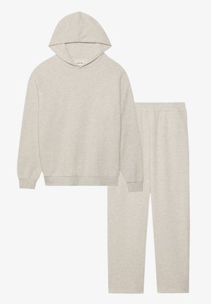 Light gray sweatshirt with hood and long sleeves paired with matching elastic waist sweatpants, both in a soft textured fabric.