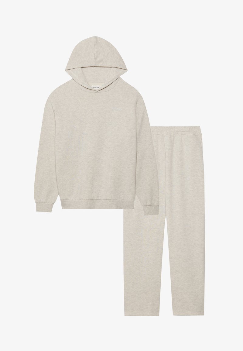 Light gray sweatshirt with hood and long sleeves paired with matching elastic waist sweatpants, both in a soft textured fabric.