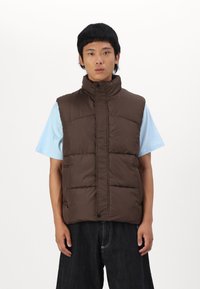 Brown puffer vest with high collar, button closure, and side pockets, paired with a light blue t-shirt. The vest features a quilted texture.