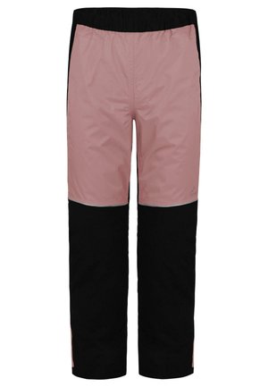 Wasserdichte Hose in Pink und Schwarz mit elastischem Bund, kontrastierenden Einsätzen und einem lockeren Schnitt, geeignet für Outdoor-Aktivitäten.