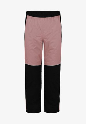 Wasserdichte Hose in Pink und Schwarz mit elastischem Bund, kontrastierenden Einsätzen und einem lockeren Schnitt, geeignet für Outdoor-Aktivitäten.