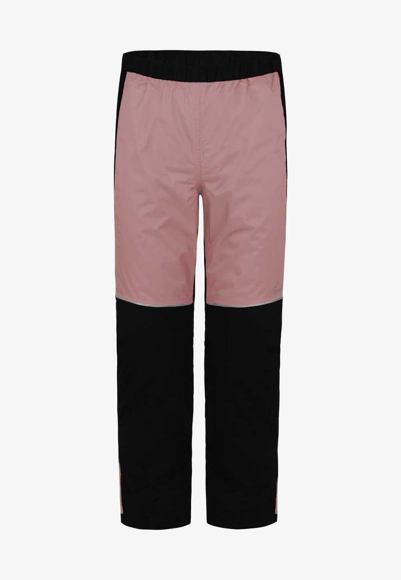 Wasserdichte Hose in Pink und Schwarz mit elastischem Bund, kontrastierenden Einsätzen und einem lockeren Schnitt, geeignet für Outdoor-Aktivitäten.
