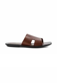Brown leather slide sandal with a textured finish, featuring a two-strap design and an open toe. Black rubber sole for grip.