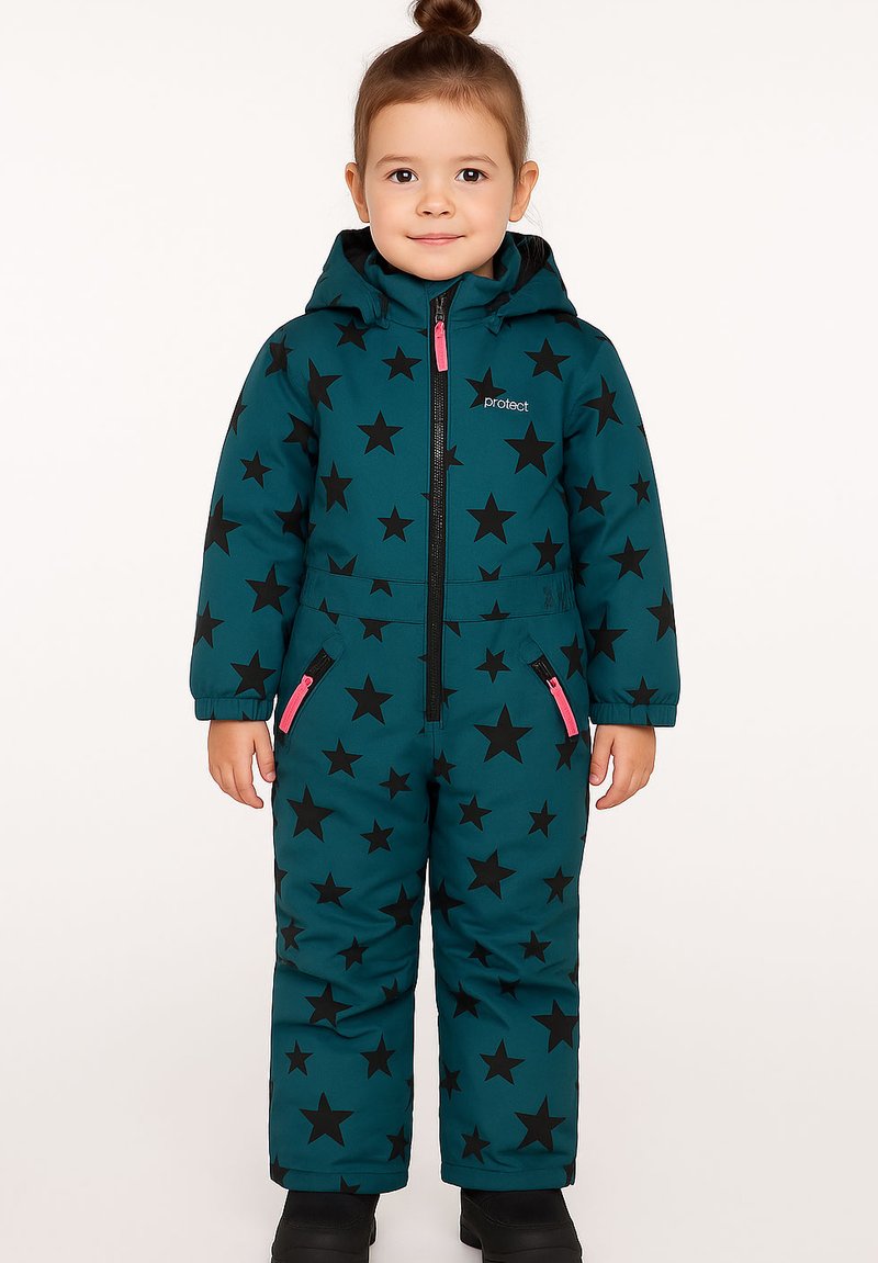 Teal sneeuwpak met zwarte sterrenpatronen, voorzien van een capuchon, een rits aan de voorkant en roze accenten op de zakken. Ontworpen voor kinderen, gemaakt van geïsoleerd materiaal.