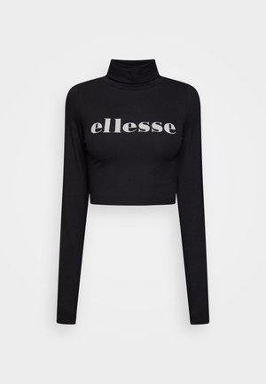 Czarny krótki top z długim rękawem i kołnierzem typu golf, z wyśrodkowanym na piersi srebrnym logo "ellesse". Miękki, elastyczny materiał.