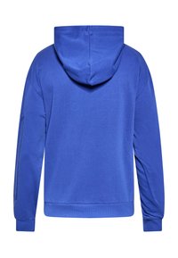 Modrá mikina s kapucí, dlouhými rukávy, texturovanou tkaninou, žebrovanými manžetami a lemem a hladkým, mírně přiléhavým designem zad.