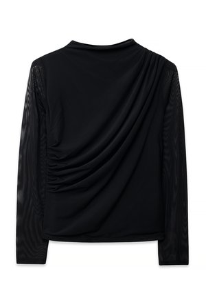 Haut noir à manches longues avec manches en tissu transparent et détail de drapé sur le devant.