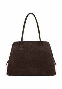Brązowa torba typu tote zamszowa z dwoma długimi uchwytami, o prostokątnym kształcie i gładkiej fakturze. Posiada zamknięcie na zamek błyskawiczny oraz dyskretne detale przeszyć.