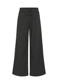 Black wide-leg pants with white vertical stripes, elastic waistband, and adjustable tie. Lightweight fabric with smooth texture.