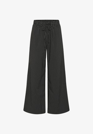 Čierne široké nohavice s bielymi vertikálnymi pruhmi, elastickým pásom a nastaviteľným viazaním. Ľahká tkanina s hladkou textúrou.