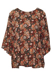 Haut noir fluide avec un motif floral coloré en orange, blanc et rouge. Comprend des manches larges et un col arrondi. Tissu léger.