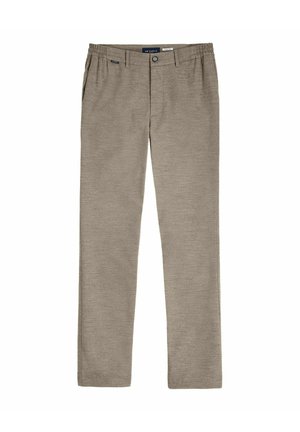 Pantalon chino slim marron clair avec bouton devant, fermeture éclair, poches latérales et passants élastiques à la taille, pour une tenue décontractée homme.