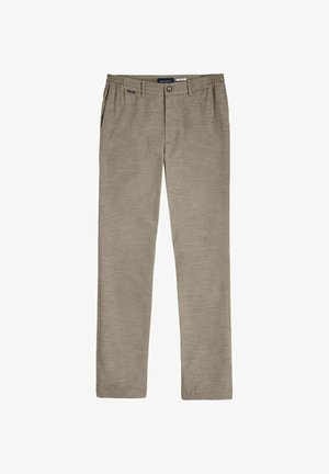 Pantalon chino slim marron clair avec bouton devant, fermeture éclair, poches latérales et passants élastiques à la taille, pour une tenue décontractée homme.
