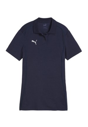 Marineblauwe polo gemaakt van textuurstof, met een kraag, drie knopen en een wit Puma-logo op de linkerborst met blauwe stikaccenten.