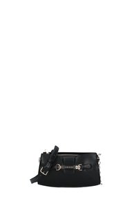 Borsa a mano in faux leather nera con forma rettangolare, dotata di chiusura frontale, tracolla regolabile, hardware in tonalità oro e chiusura a zip.