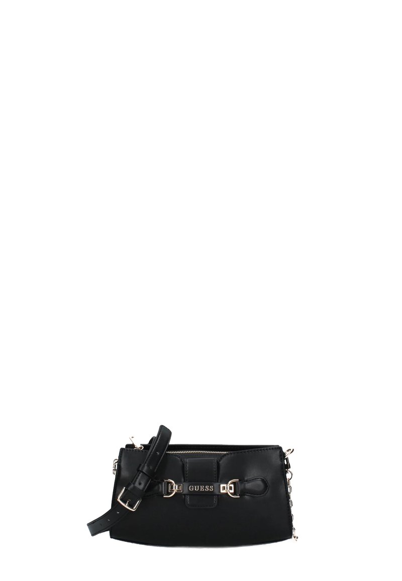 Borsa a mano in faux leather nera con forma rettangolare, dotata di chiusura frontale, tracolla regolabile, hardware in tonalità oro e chiusura a zip.