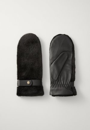 Moufles noires avec un extérieur en fourrure et une paume en cuir. Comprend une sangle noire avec un accent doré pour un ajustement sécurisé. Texture douce dans l'ensemble.