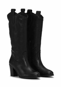 Crne kožne čizme do koljena s glatkom teksturom, blok petom, unutarnjim patentnim zatvaračem i bočnim trakama za jednostavno oblačenje. Klasični zapadnjački dizajn.