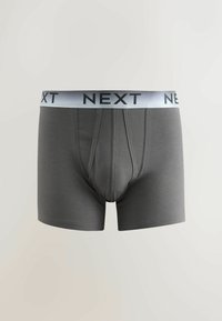 Caleçon boxer gris pour homme avec coutures de contour cousues et une ceinture blanche portant "NEXT" en lettres noires.