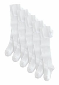 Calzini bianchi fino al ginocchio, texture liscia, materiale morbido, con un design semplice e polsini a costine. Sei paia disposti in ordine sequenziale.