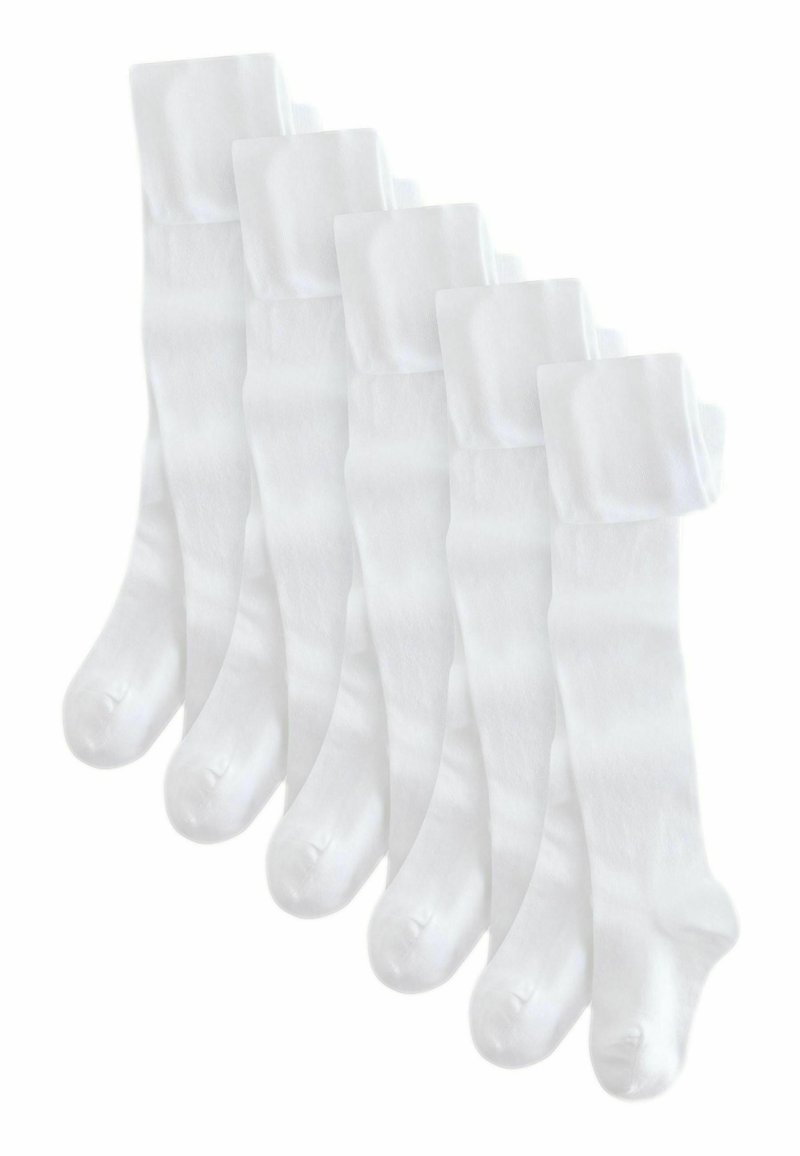 Calzini bianchi fino al ginocchio, texture liscia, materiale morbido, con un design semplice e polsini a costine. Sei paia disposti in ordine sequenziale.