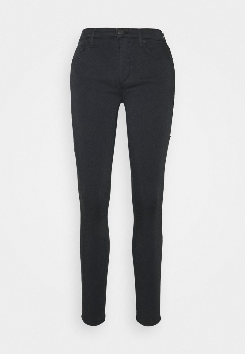 Black skinny jeans with a button closure, zip fly, front pockets, and a smooth texture. Fitted design from waist to ankle.