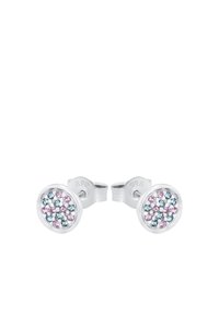 Ohrringe aus Sterlingsilber mit einem runden Design, verziert mit mehrfarbigen Kristallen in Rosa und Blau, die in einem kreisförmigen Muster angeordnet sind.
