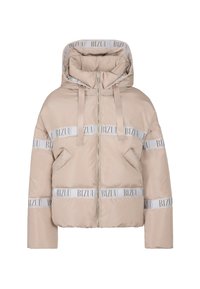 Beżowa pikowana kurtka z kapturem, posiadająca zamek z przodu, dwie boczne kieszenie oraz białe pasy z napisem "BIZUU" na klatce piersiowej, rękawach i dolnym wykończeniu.