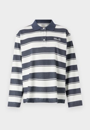Langærmet polo shirt i marineblå og hvide striber. Har en krave, tre-knaps placket og logo på venstre bryst. Blødt bomuldsblandingsstof.