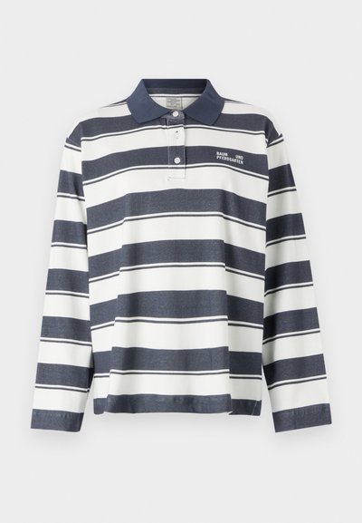 Langarm-Polohemd in navy und weißen Streifen. Verfügt über einen Kragen, eine Drei-Knopf-Leiste und ein Logo auf der linken Brust. Aus Baumwollmischgewebe.