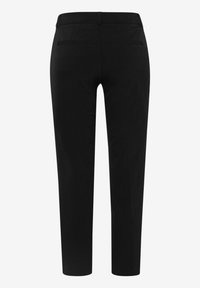Pantalon noir ajusté avec jambes fuselées, deux poches passepoilées à l'arrière, et une ceinture avec passants, vu de dos.